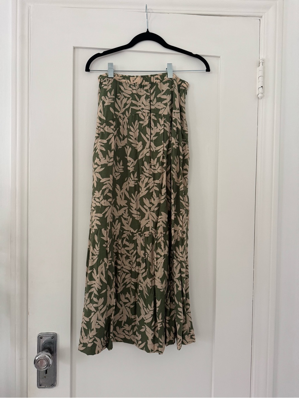 ba&sh Olive Maxi Skirt with Beige Leaf Print